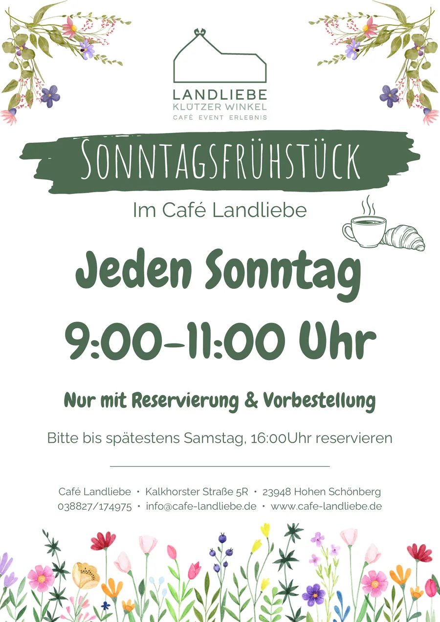 Flyer Sonntagsfrühstück im Café Landliebe, jeden Sonntag von 9 bis 11 Uhr