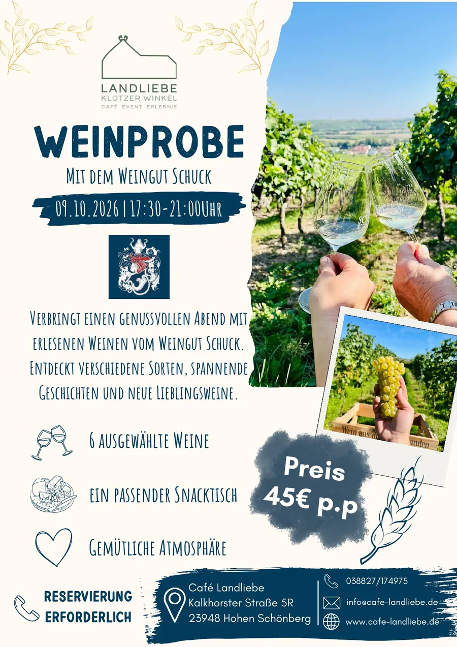 Flyer Weinprobe mit dem Weingut Schuck am 9. Oktober 2026